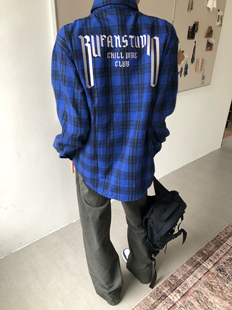 潮 上衣男cleanfit开衫 BUFANSTUDIO刺绣设计红蓝格纹衬衫 vibe长袖