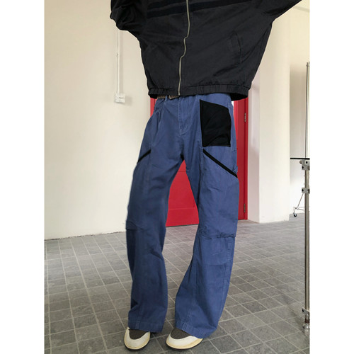 多口袋宽松交叉园丁裤工装裤