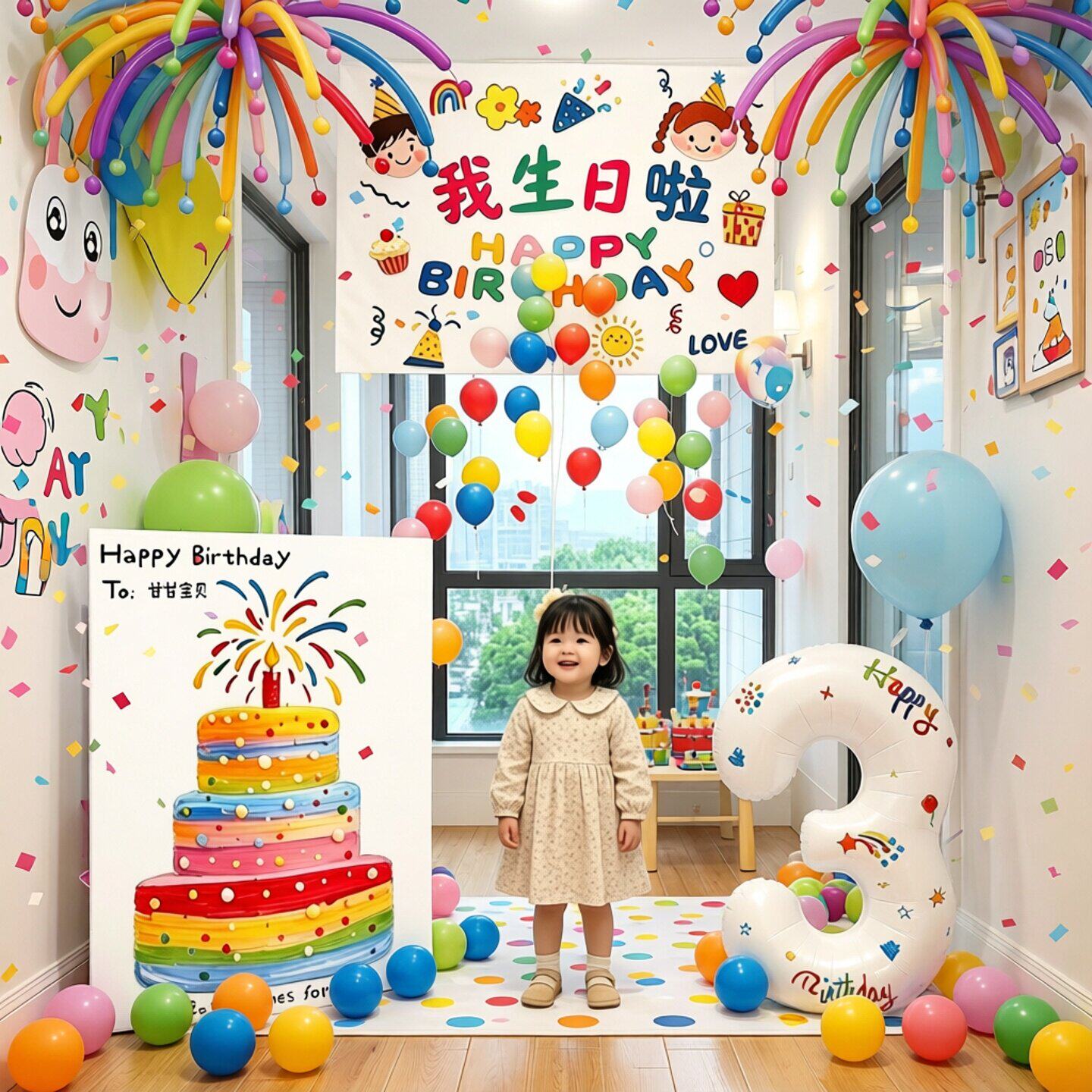 门口儿童生日气球拉绳气球雨装饰套餐背景布场景布置网纱蛋糕kt板