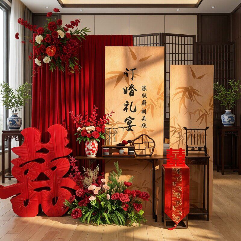 订婚宴布置全套小场景高级感仿真花简单大气摆台新中式背景kt板全