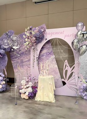 莫奈油画紫色订婚婚宴场景布置背景墙结婚婚礼迎宾装饰定制kt板