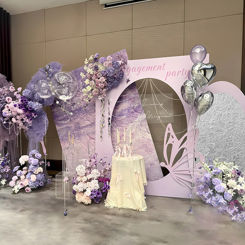 莫奈油画紫色订婚婚宴场景布置背景墙结婚婚礼迎宾装饰定制kt板