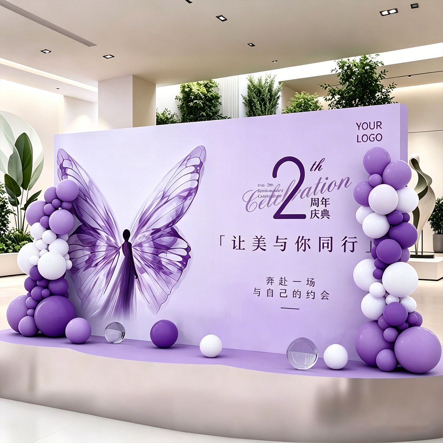 紫色开业大吉气氛布置公司店铺周年庆活动气球装饰背景墙KT板定制