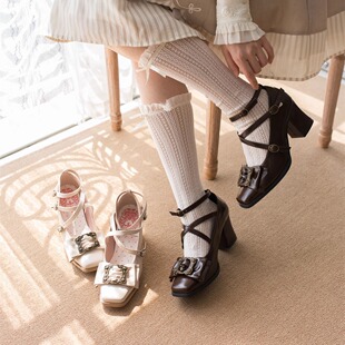 现货 优雅中跟Lolita鞋 方头cla复古女鞋 画框可可