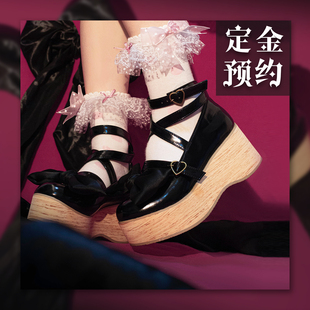 厚底鞋 再贩定金 松糕泡泡 lolita鞋 超大蝴蝶结尖圆头木底鞋