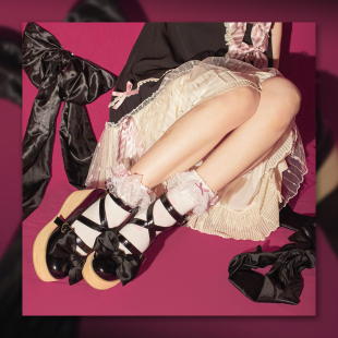 超大蝴蝶结尖圆头木底鞋 现货 厚底鞋 lolita鞋 松糕泡泡