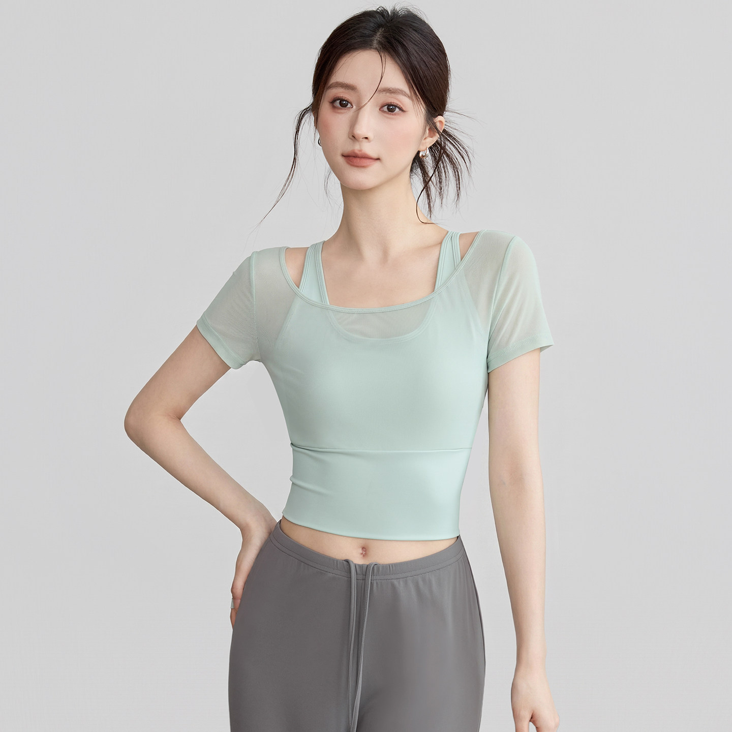 VOJ瑜伽服夏运动上衣网纱罩衫带胸垫修身显瘦跑步透气健身训练服