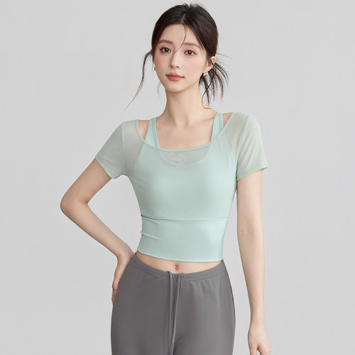 VOJ瑜伽服运动网纱罩衫修身上衣