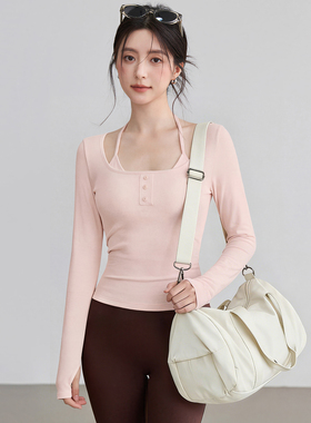 VOJ瑜伽服假两件挂脖长袖跑步运动正肩上衣大领口普拉提训练健身