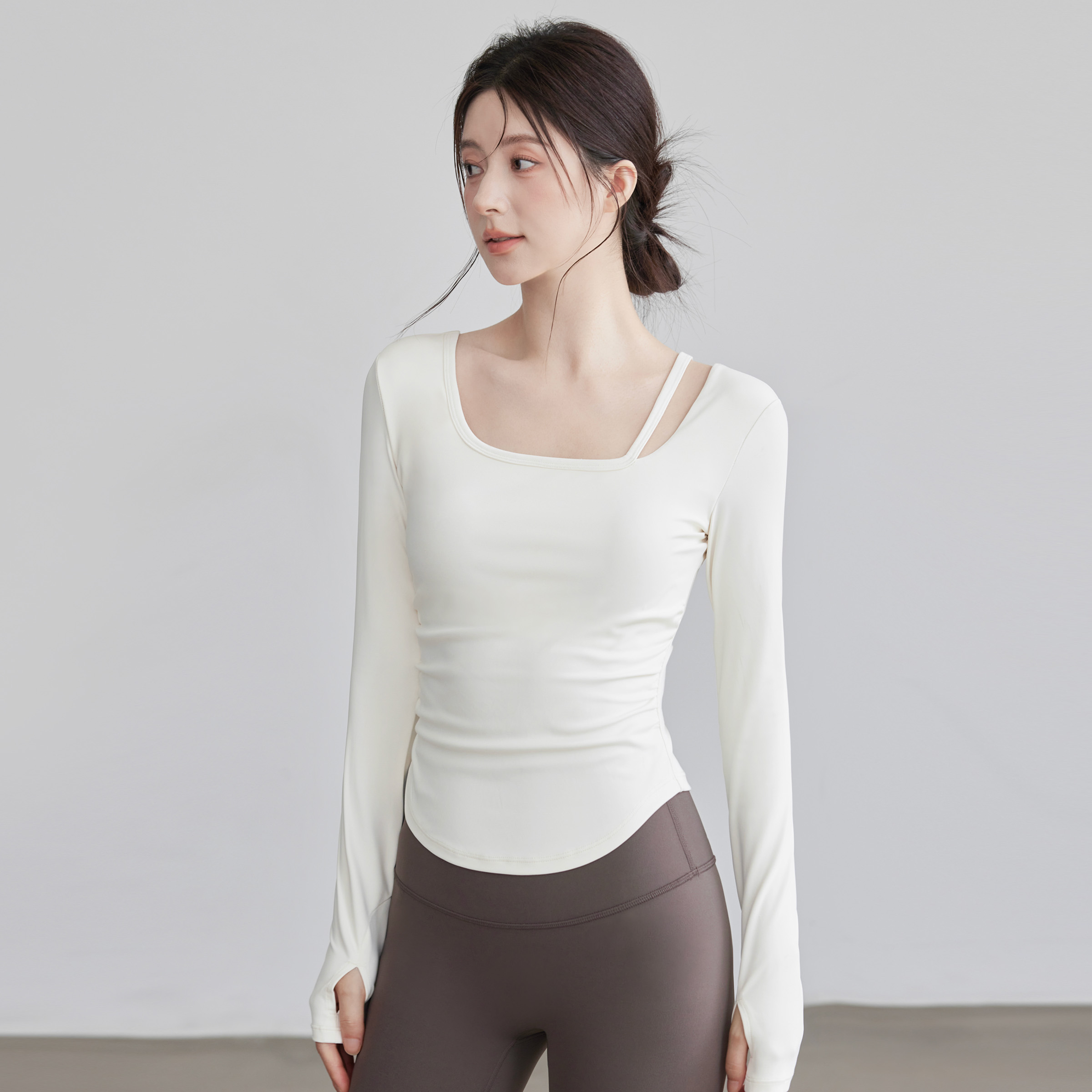 VOJ健身上衣女含胸垫瑜伽服长袖运动训练罩衫收腰显瘦训练服上衣