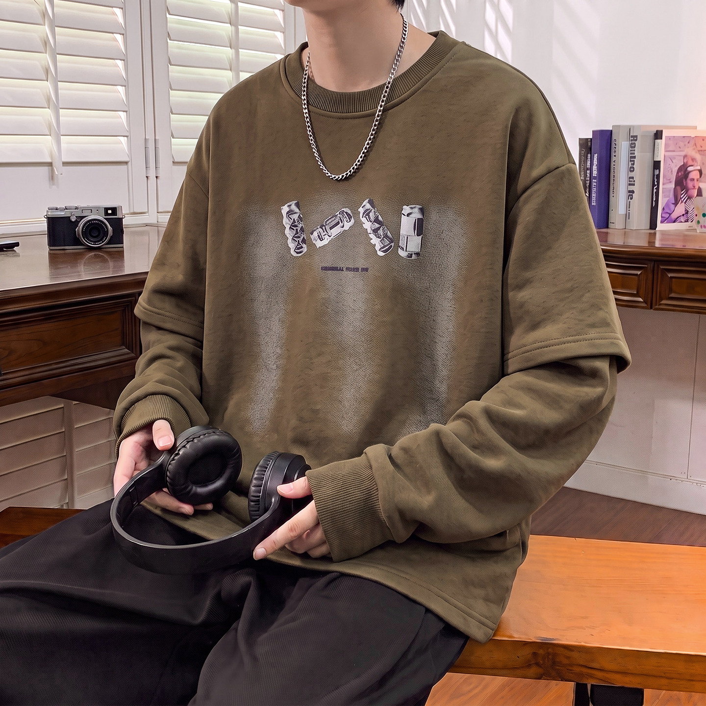 美式潮牌假两件重磅纯棉卫衣男款