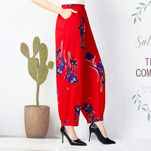 时尚女裤春夏阔腿灯笼裤棉绸高腰大码休闲长裤民族风广场舞裤潮牌