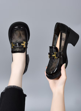 新款妈妈鞋方头高跟鞋英伦风网纱山茶花单鞋子女GMQ7014