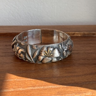 千凤银足银999百合花描金手镯做旧实心刻字手工女款文艺复古手镯