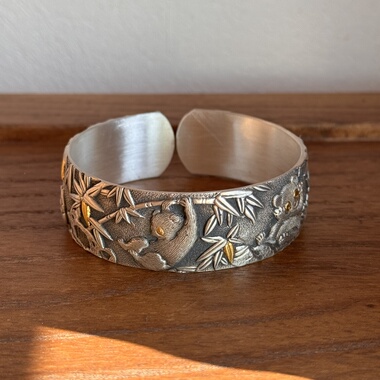 千凤银足银999熊猫抱竹纯银手镯