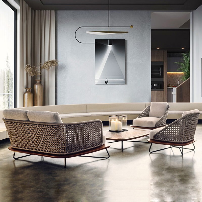 沃登 北欧休闲户外沙发组合 花园酒店民宿庭院柚木绳藤编沙发家具