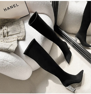 尖头弹力过膝长靴女2024秋冬粗跟真皮显瘦水钻长筒靴高跟弹力靴子