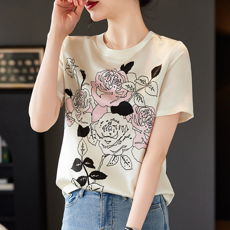 玫瑰印花真丝短袖t恤女夏季新款