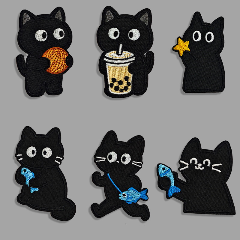 黑色小猫咪刺绣补丁贴羽绒服衣服破洞装饰贴可爱猫捉鱼儿卡通布贴