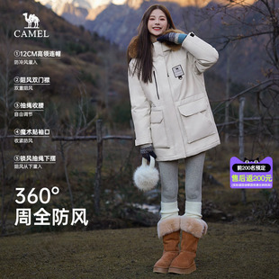骆驼女装工装鹅绒服2026冬季抗寒保暖连帽加绒中长款羽绒外套