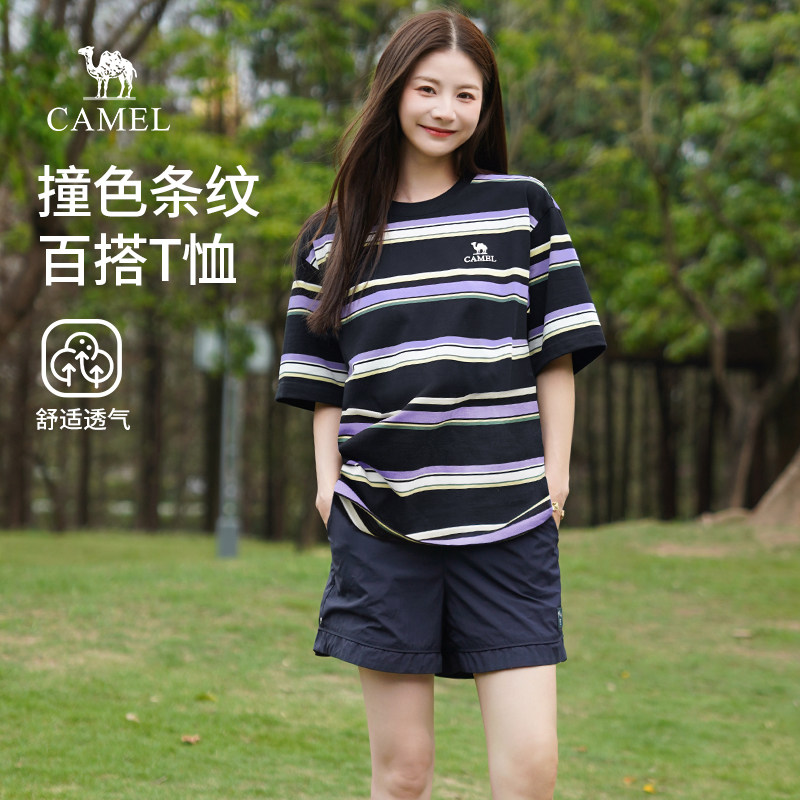 骆驼条纹T恤女装2026夏季新款美式复古休闲圆领宽松短袖上衣图片