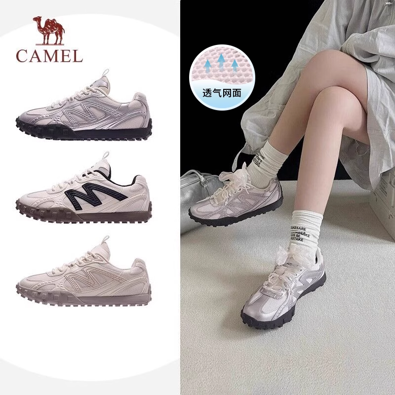 骆驼薄底鞋流光2025春秋新款防滑阿甘鞋休闲板鞋复古银色德训鞋女