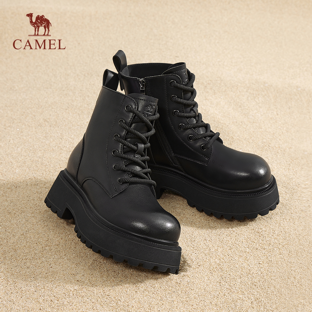 骆驼女鞋2025秋冬新款骆驼马丁靴女英伦风加绒短靴厚底增高时装靴