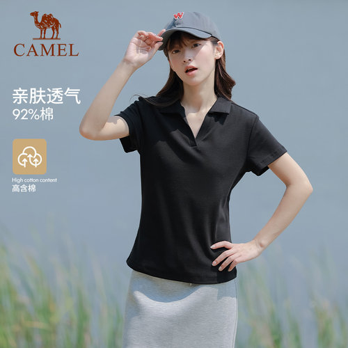 骆驼速干T恤V领polo衫女透气显瘦