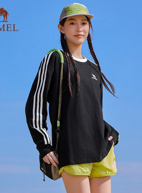 骆驼柔棉t神黑色圆领长袖T恤女2026秋季新款户外三条杠休闲卫衣男