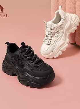 骆驼女鞋2026春季厚底老爹鞋女增高休闲鞋复古百搭黑色运动鞋女款