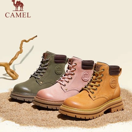 骆驼马丁靴女鞋2025冬季加绒户外登山鞋大黄靴女靴厚底短靴时装靴