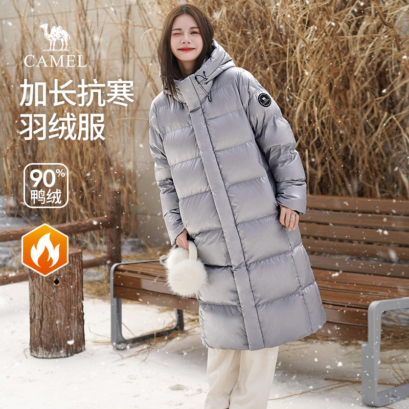 骆驼女装长款羽绒服2025新款冬季户外连帽加厚保暖黑色面包服外套