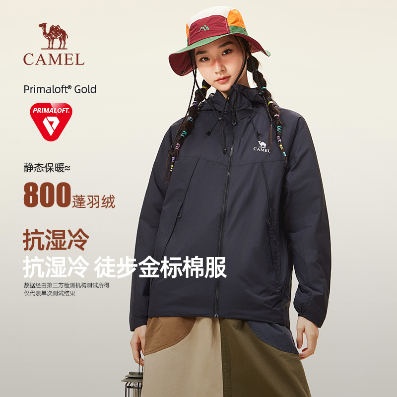骆驼女装金标P棉服2025秋冬新款黑色连帽抗湿冷户外防风运动外套