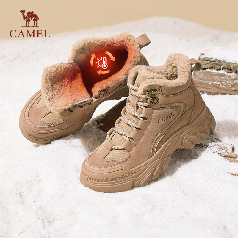 骆驼加绒雪地靴女户外工装靴
