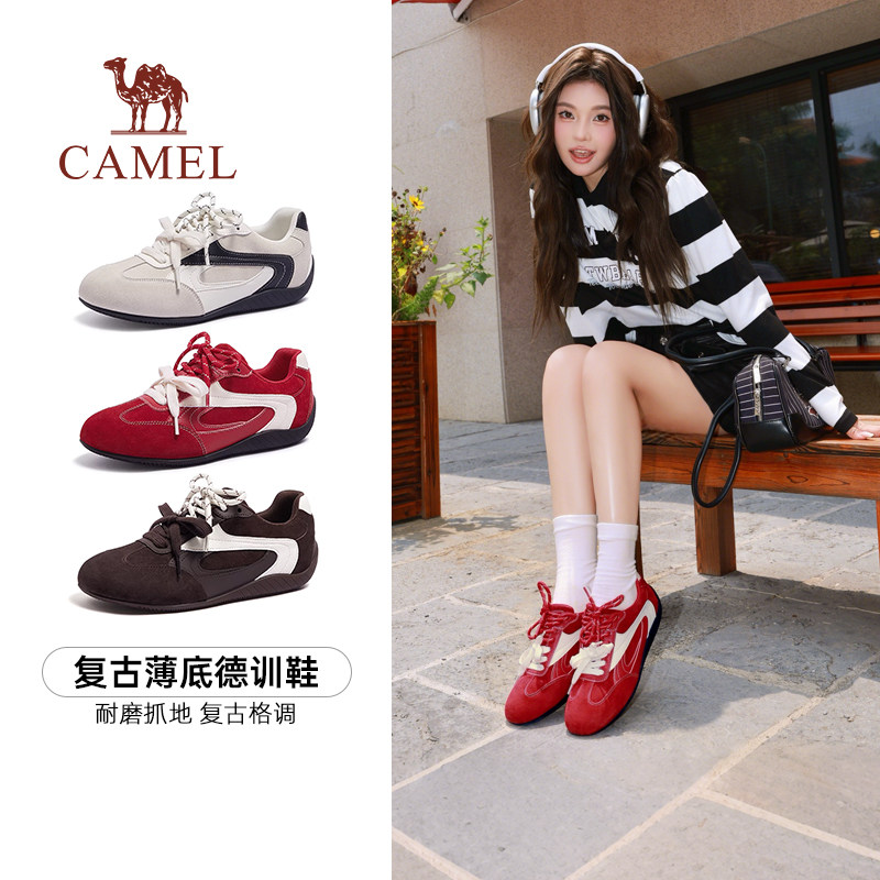 骆驼德训鞋女2026春季新款红色板鞋复古反绒面赛车鞋休闲运动鞋