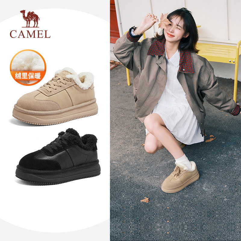 骆驼女鞋2025冬季低帮系带防滑加绒保暖棉鞋厚底雪地靴女