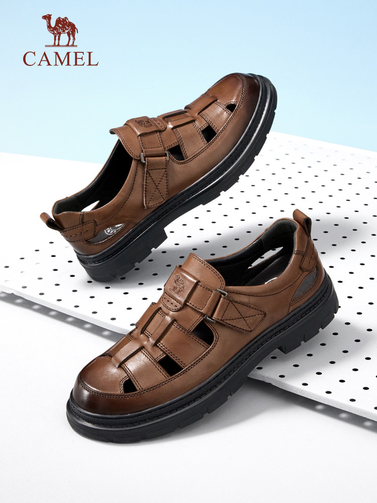 CAMEL 2024 SUMMER NEW COMFORTABLE BREATHABLE CUT-OUT COMFORTABLE CALFSKIN ANTI-SLIP VELCRO BUSINESS SANDALS FOR MEN