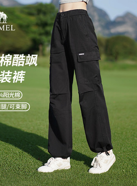 骆驼女装纯棉工装裤2026春夏黑色轻薄透气运动休闲宽松直筒冲锋裤
