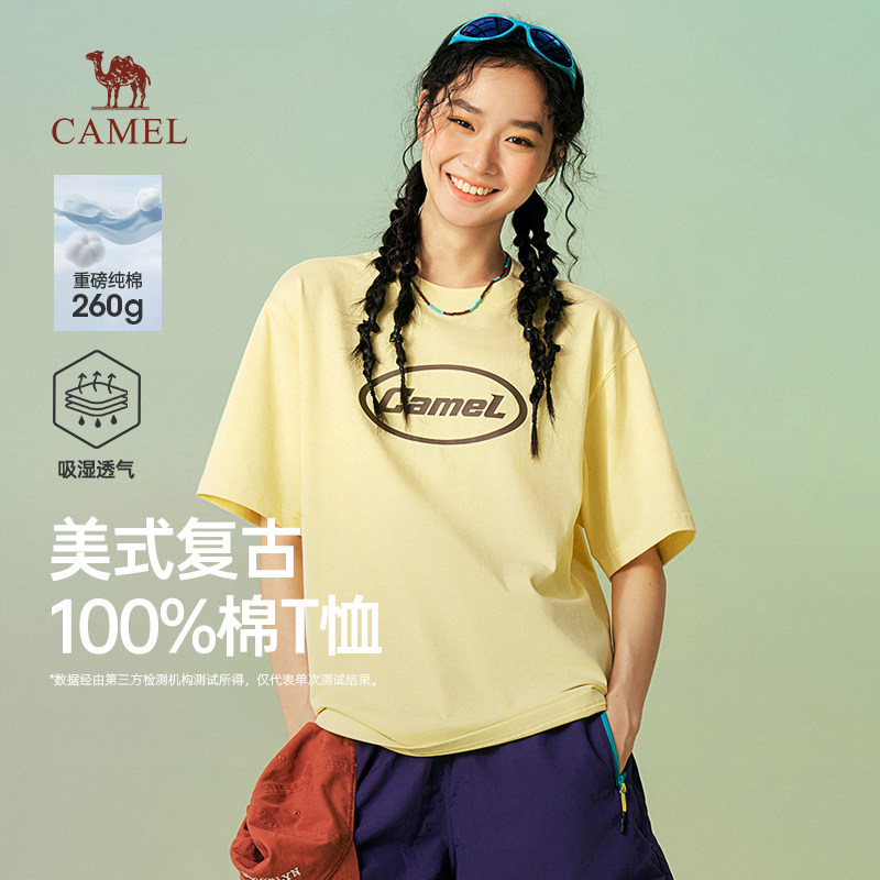 骆驼女装纯棉T恤2026春夏新款美式复古重磅印花圆领短袖宽松半袖