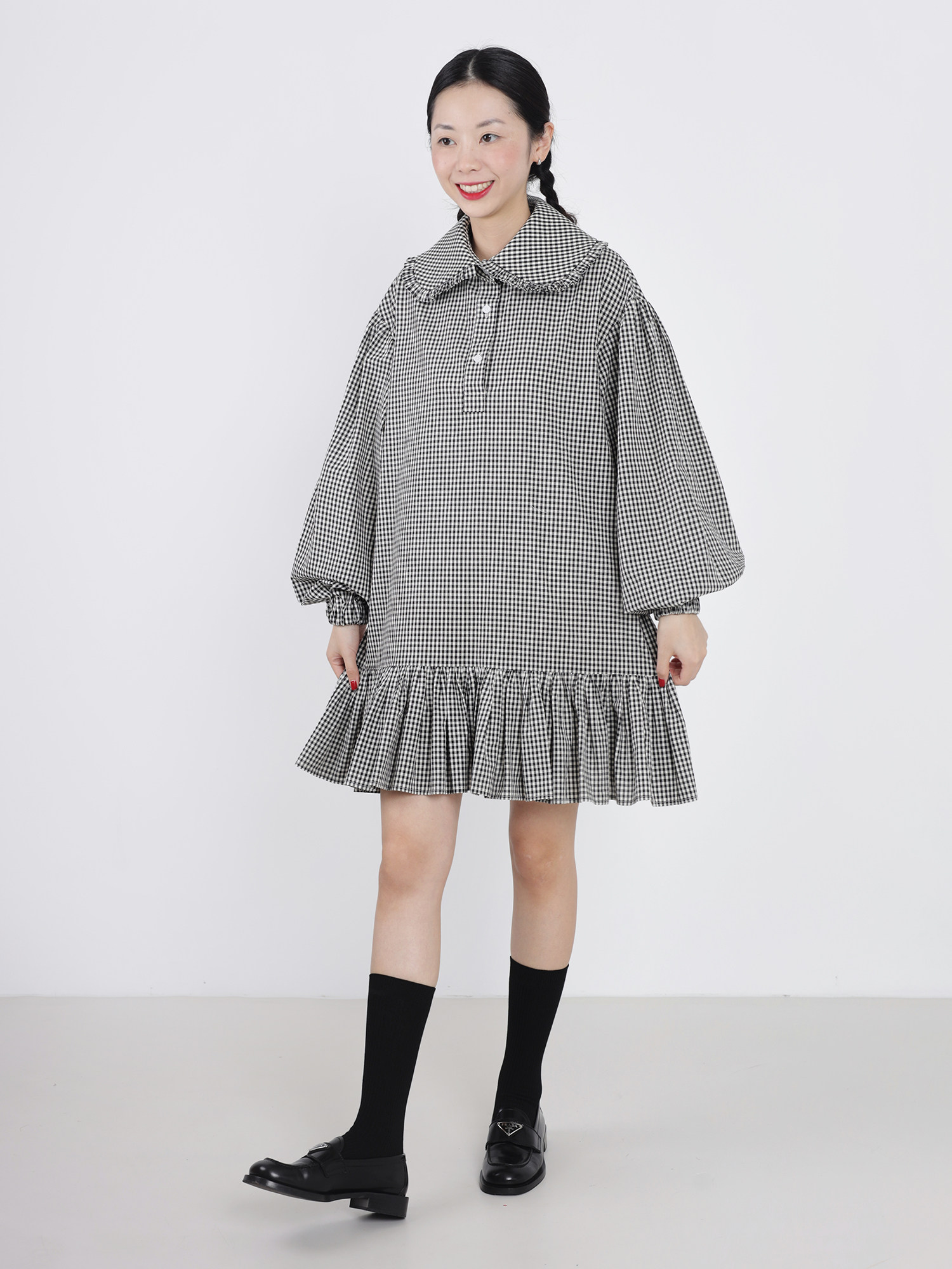 Room vol.9 黑白格子花边娃娃领泡泡袖A型长袖荷叶边衬衫连衣裙