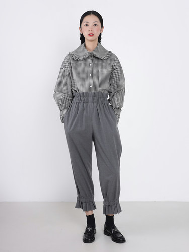 Room vol.9 灰色抽褶花边松紧高腰灯笼裤八分长裤休闲裤定制