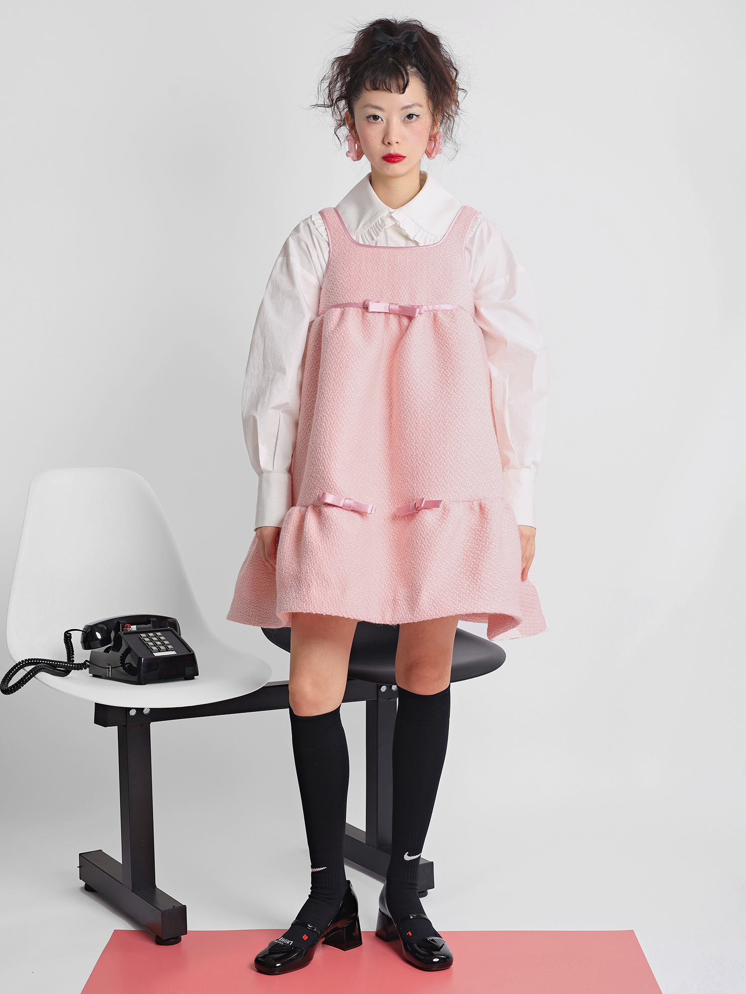 粉色粗花呢方领蝴蝶结A型背心裙
