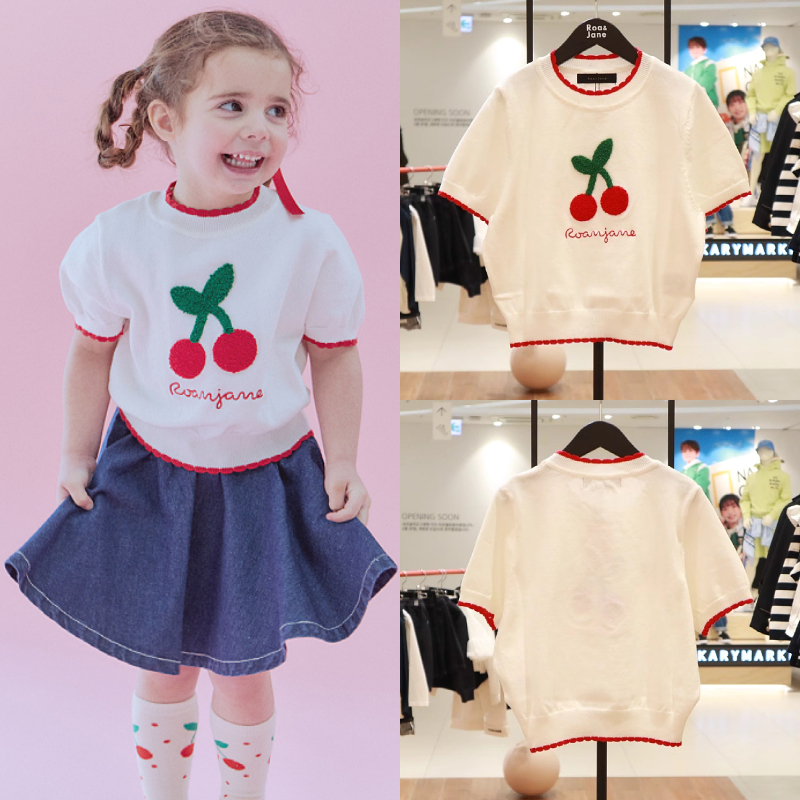 Roanjane高端设计师女童樱桃短袖T恤韩国代购2024年春季针织上衣