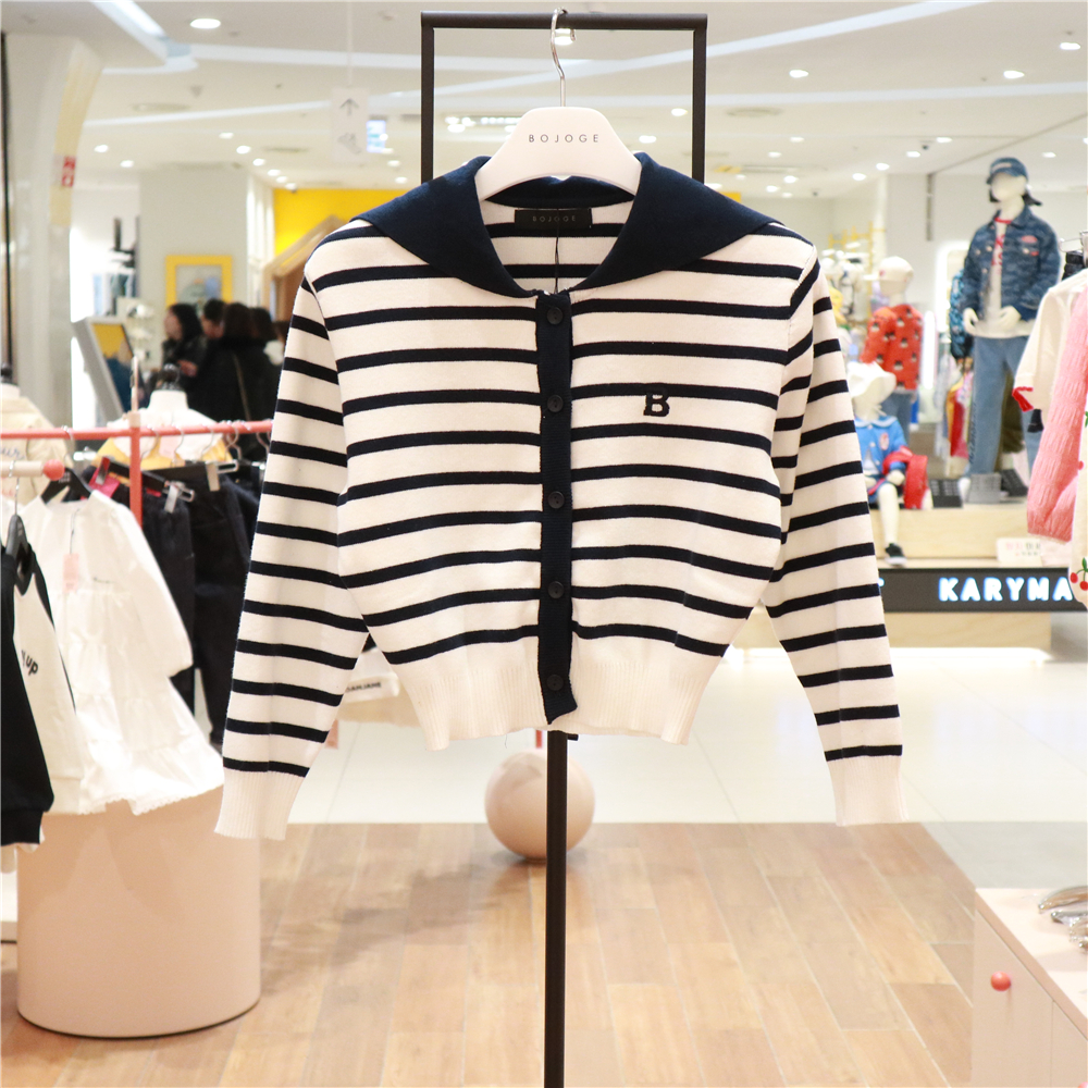 roanjane高端设计师女童条纹织衫韩国代购24春长袖披肩领外套毛衣