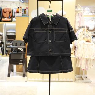 KIDS 纯色短款 24春季 BENETTON 韩国女童短袖 代购 牛仔半身裙套装