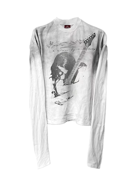 DETW 25AW*原创小众轻亚水洗做旧喷脏人像吉他圆领长袖打底衫男女