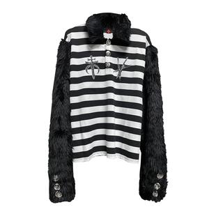 高级感长袖 DETW 朋克轻亚男女条纹polo衫 暗黑风长毛排扣 24AW