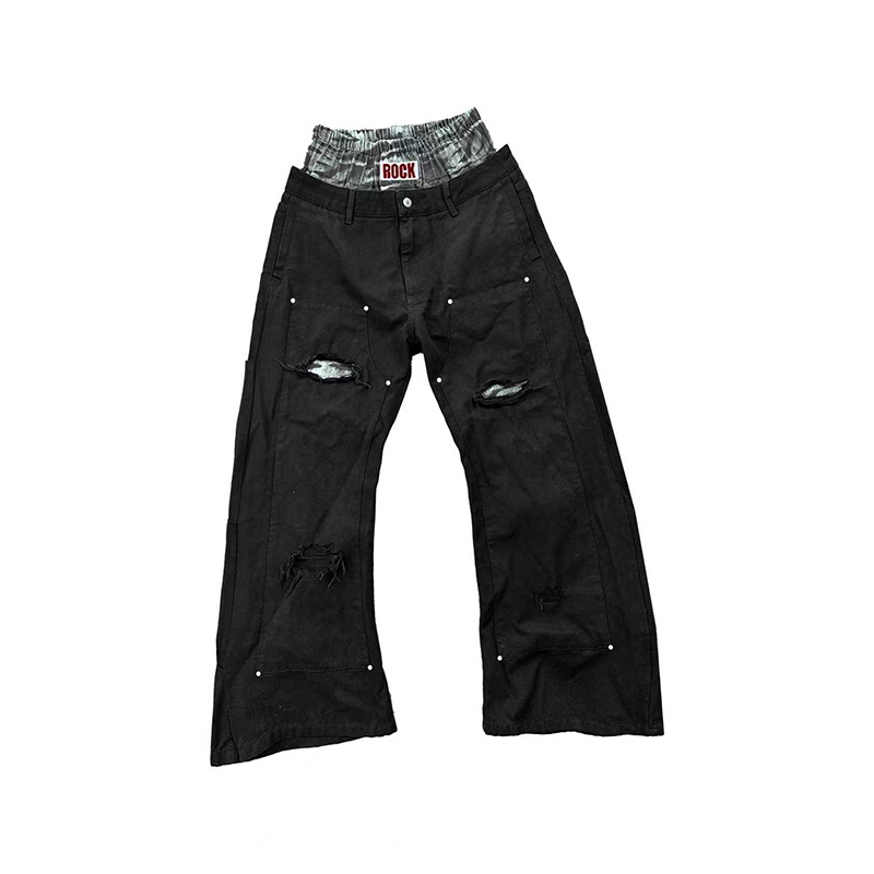 DETW 25AW*ROCK虎纹拼接双腰刀割造型褶皱铆钉高级感弯刀牛仔裤