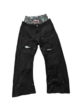 DETW 25AW*ROCK虎纹拼接双腰刀割造型褶皱铆钉高级感弯刀牛仔裤