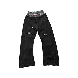 ROCK虎纹拼接双腰刀割造型褶皱铆钉高级感弯刀牛仔裤 DETW 25AW